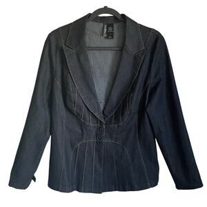 Bisou Bisou Blue Denim Blazer Jacket Sz L Contrast Stitching Pintucks Stretch